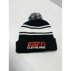 ESPN Cleveland HitWear Knit Beanie Hat Black White Striped Pom Cuffed Winter Cap